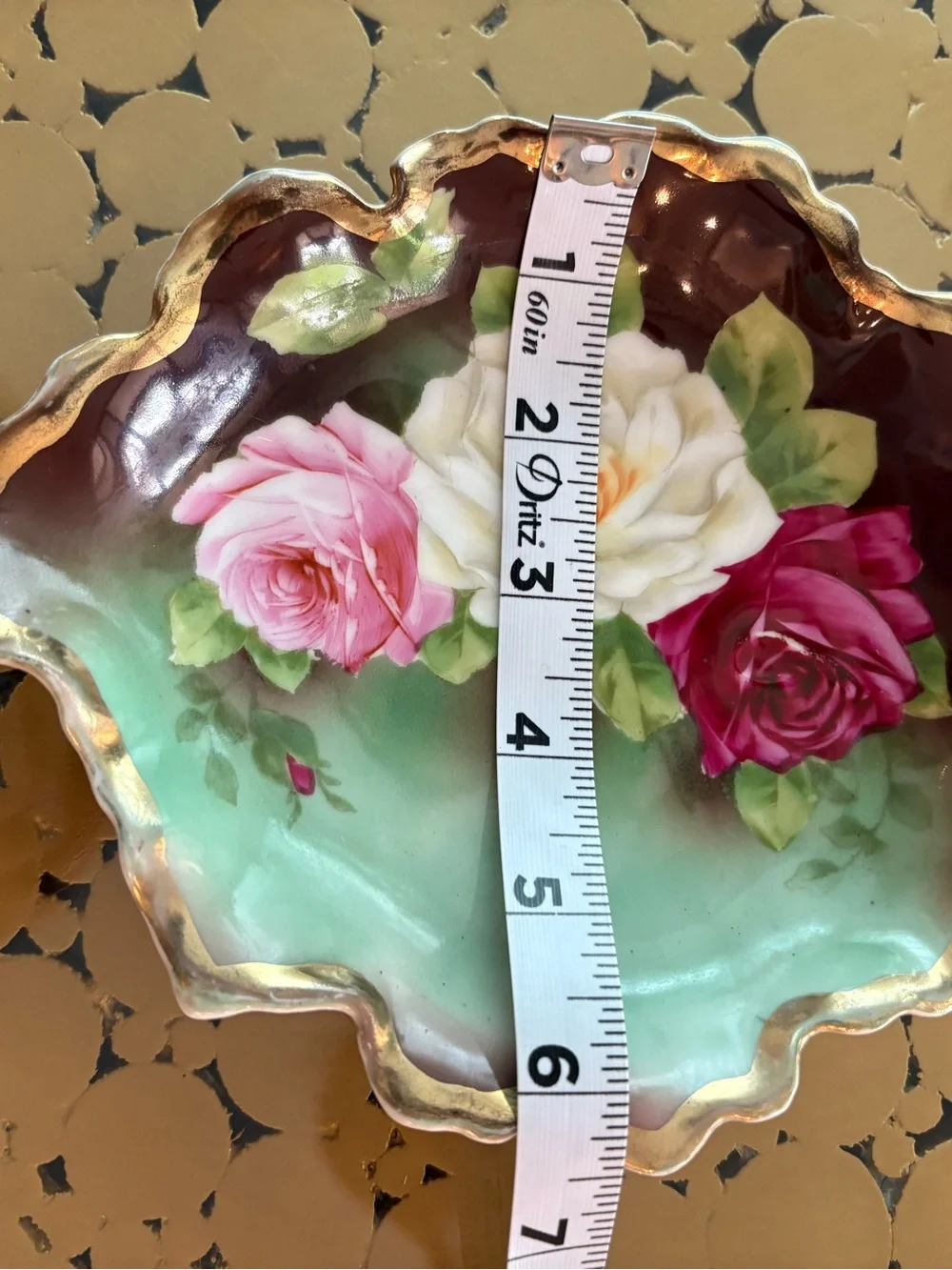 VINTAGE Hand Painted Dish! Leaf shape with Roses & Gold trim.